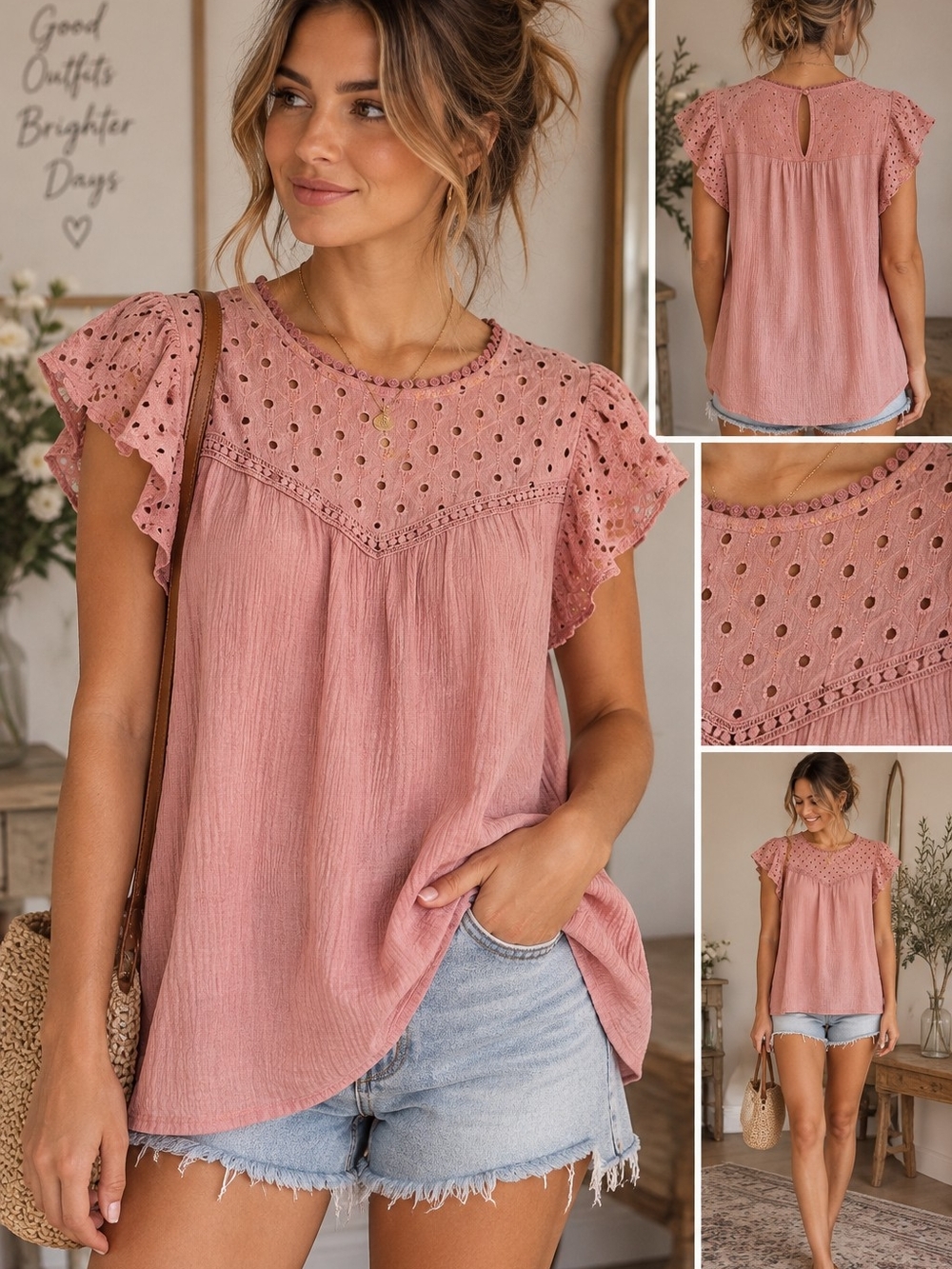 Eyelet Flutter Sleeve Blouse in Dusty Pink